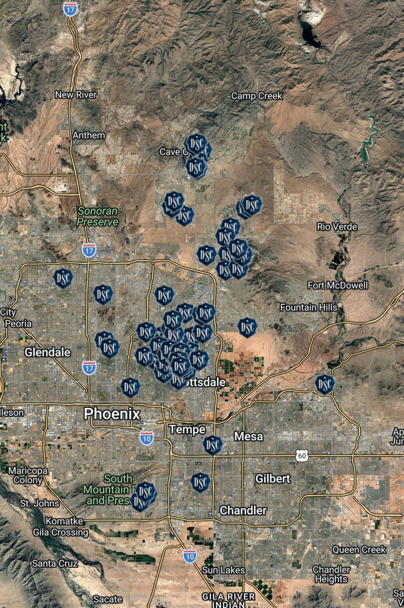 Desert Star Concierge service area map — northeast Phoenix Valley including Scottsdale, Paradise Valley, Carefree, and Cave Creek